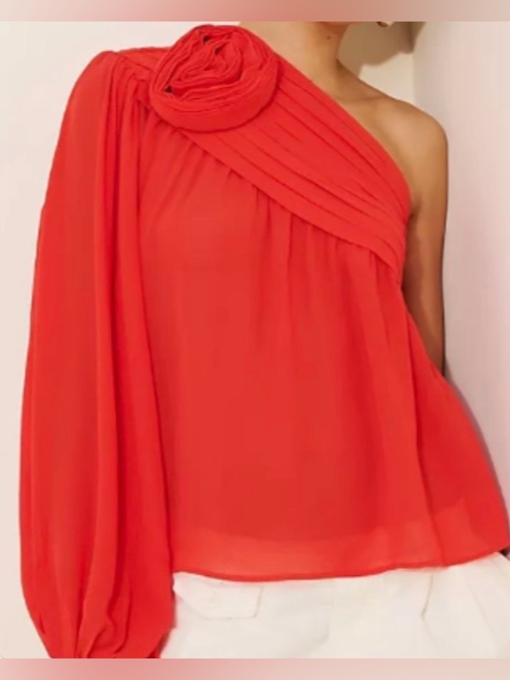 Farm Rio Red One-Shoulder Dramatic Rose Asymmetric Red Crepe Top: Medium